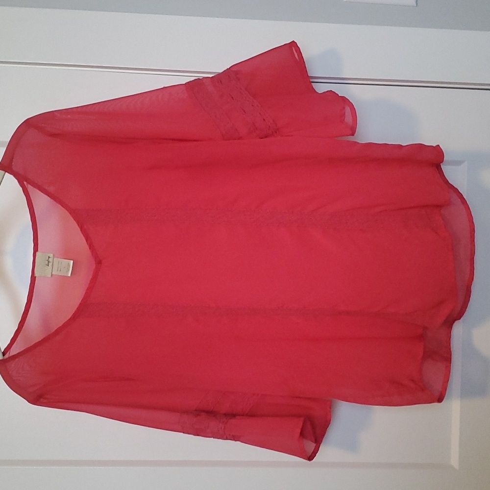 Daytrip sz L coral sheer top, bell sleeves, embroidery accents.